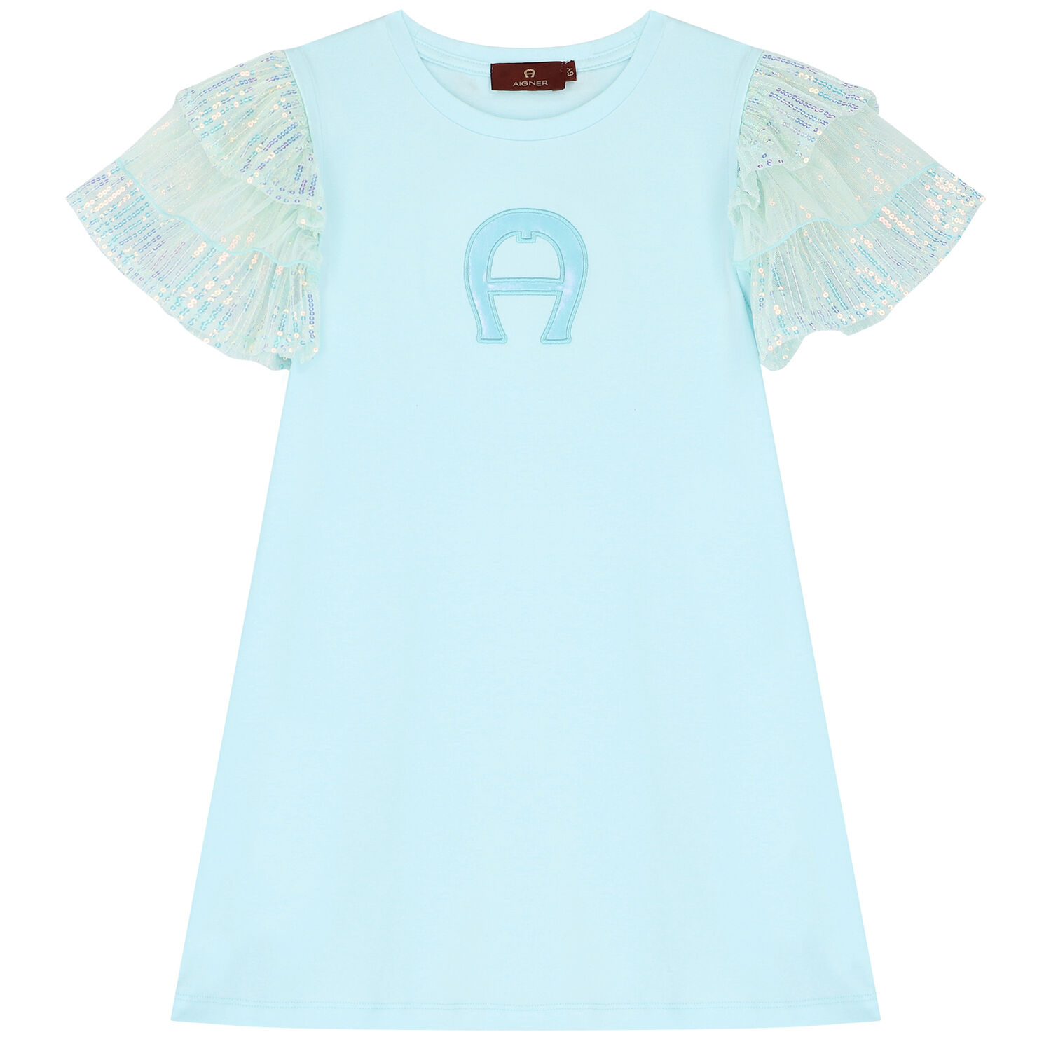 Girls Aqua Sequin Logo Dress, 2, hi-res