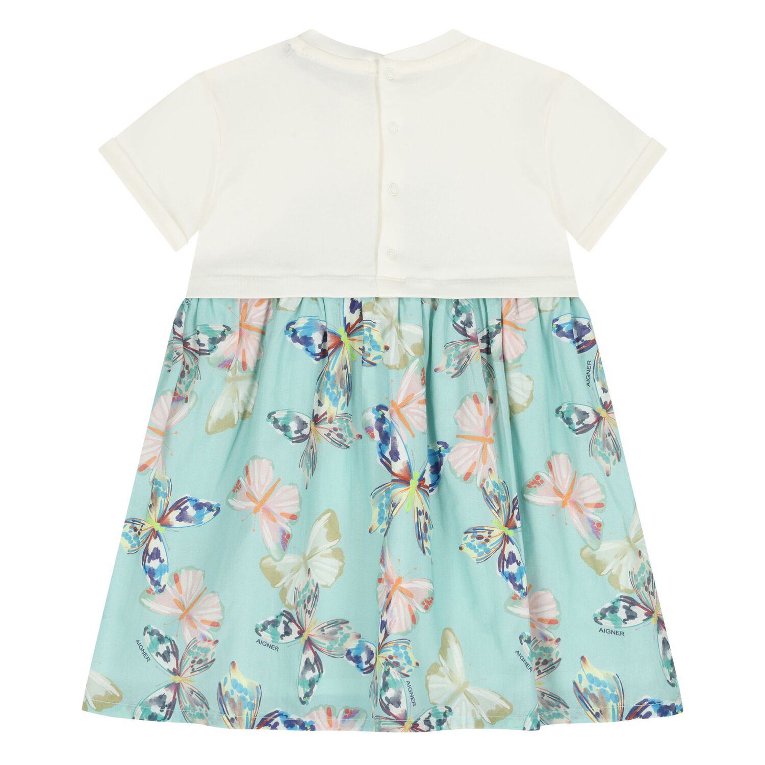 Younger Girls Ivory & Blue Butterflies Logo Dress, 2, hi-res