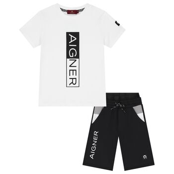 Boys White & Black Logo Shorts Set