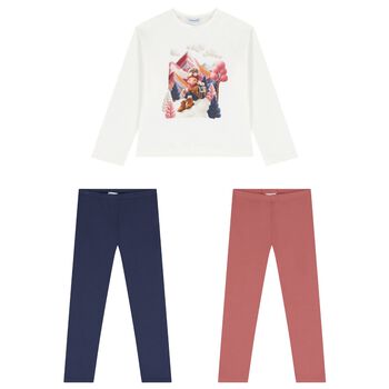 Girls White, Pink & Navy Blue Leggings Set
