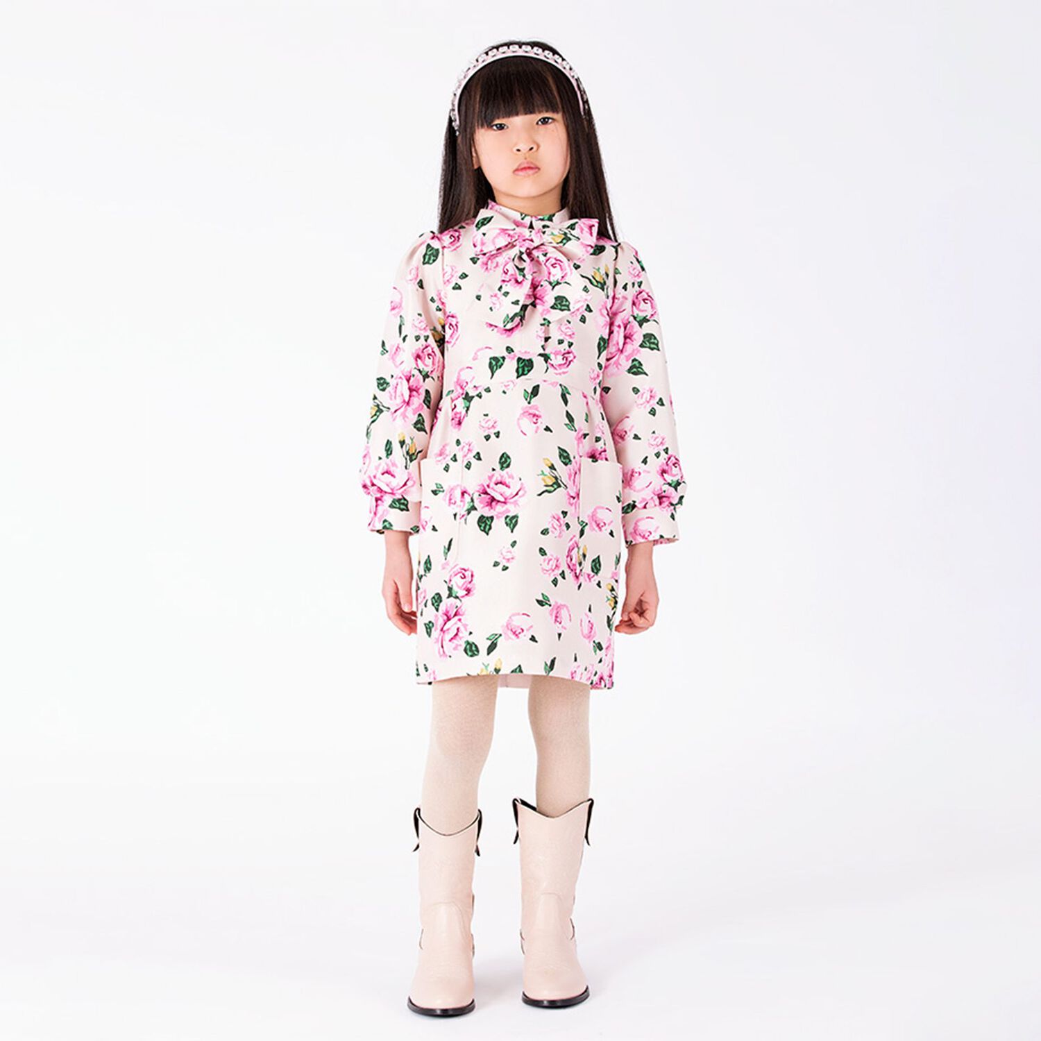 Girls Pink Floral Bow Dress, 1, hi-res