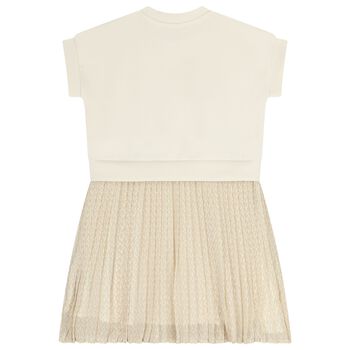 Girls Beige Logo Pleated Dress