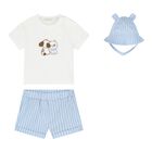 Baby Boys White & Blue  Striped Shorts & Hat Set , 1, hi-res