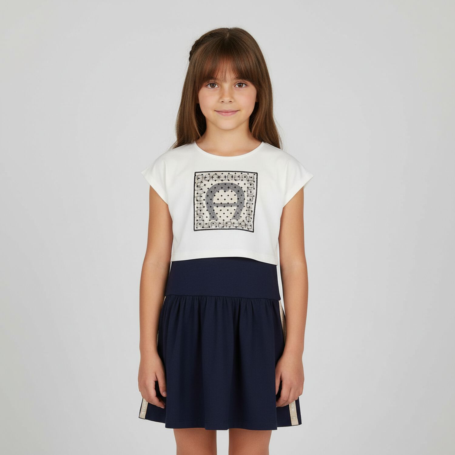 Girls Navy Blue & Ivory Logo Dress Set, 1, hi-res image number null