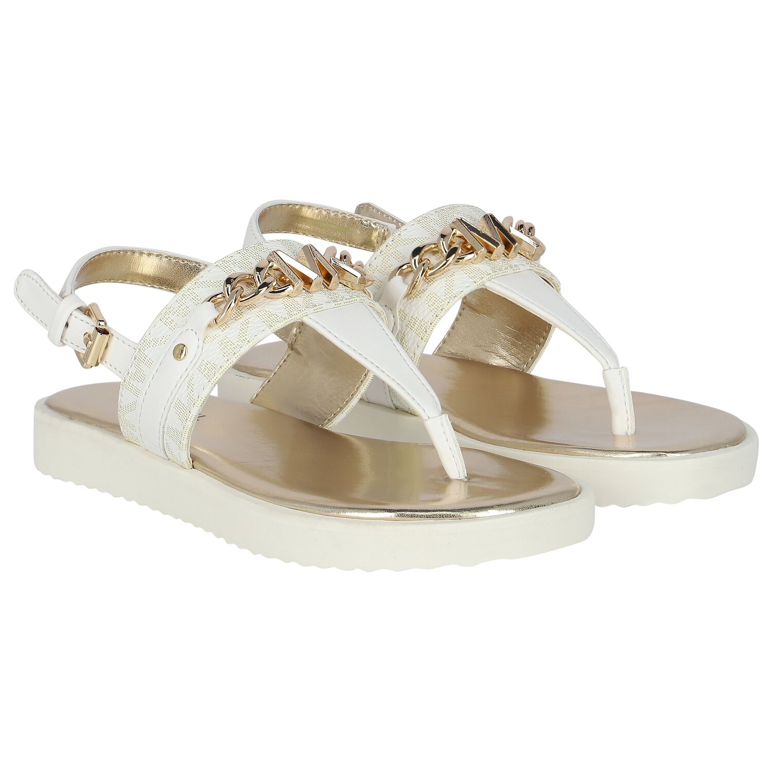 Girls Ivory & Gold Logo Sandals, 1, hi-res
