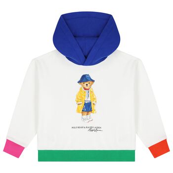 Girls White Polo Bear Hooded Top