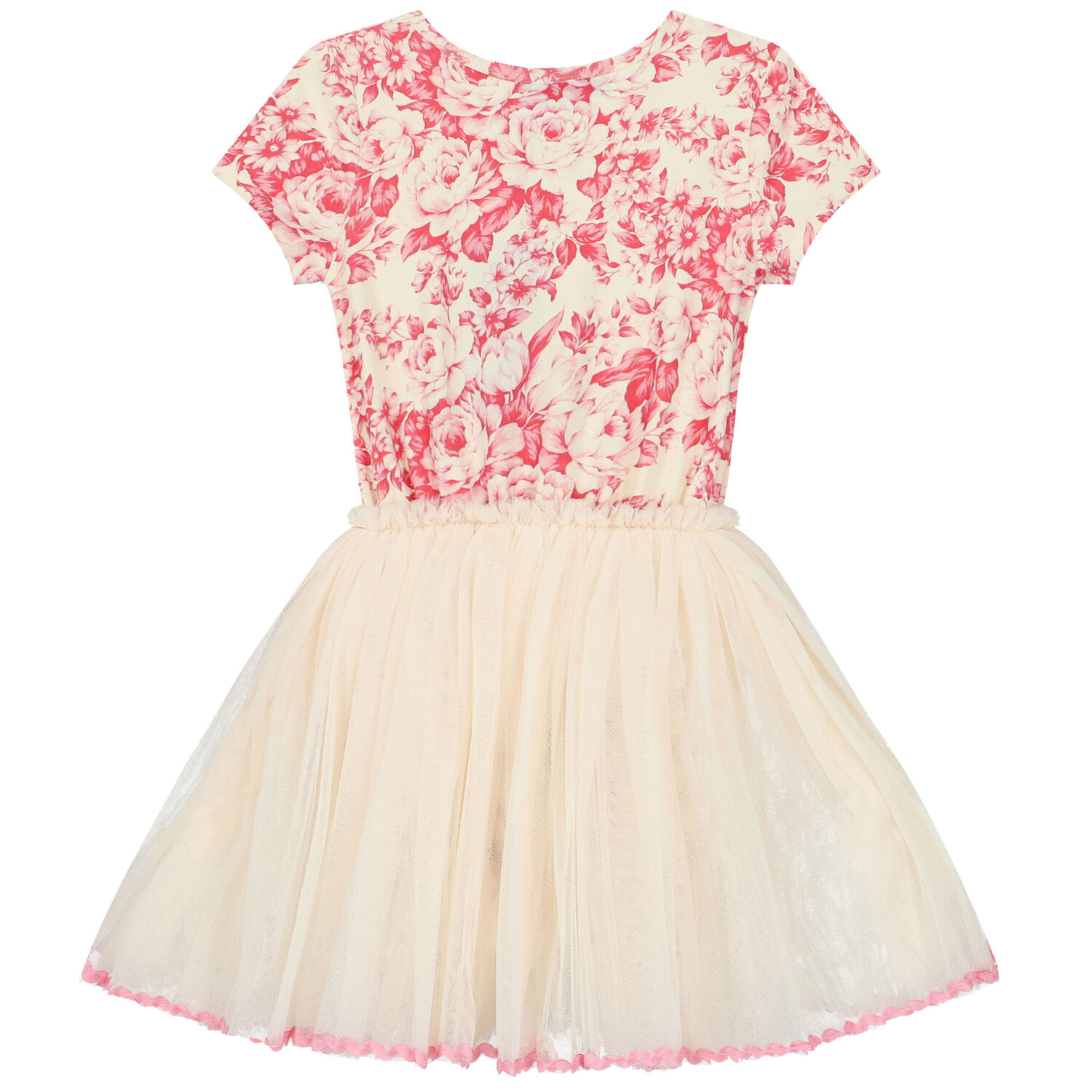 Girls Pink & Ivory Floral Tulle Dress, 1, hi-res