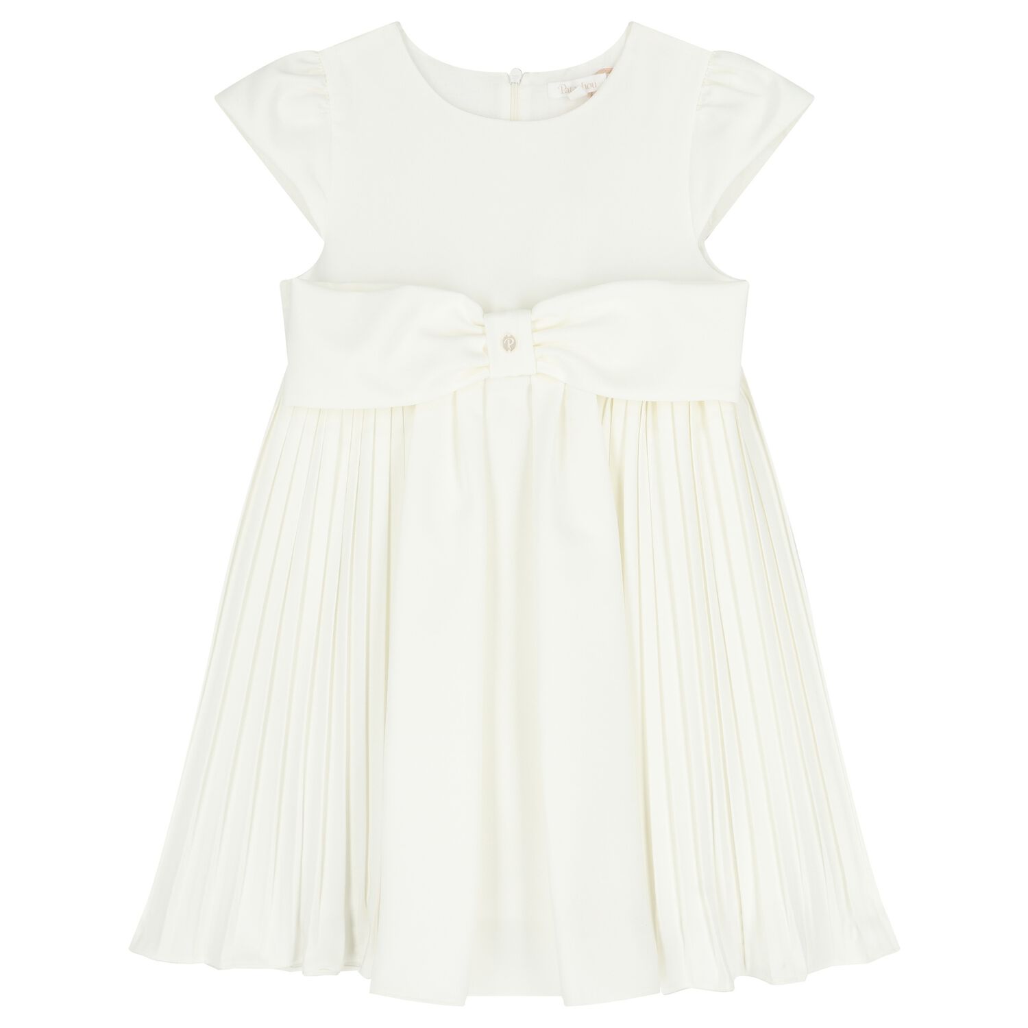 Girls White Bow Pleated Dress, 1, hi-res