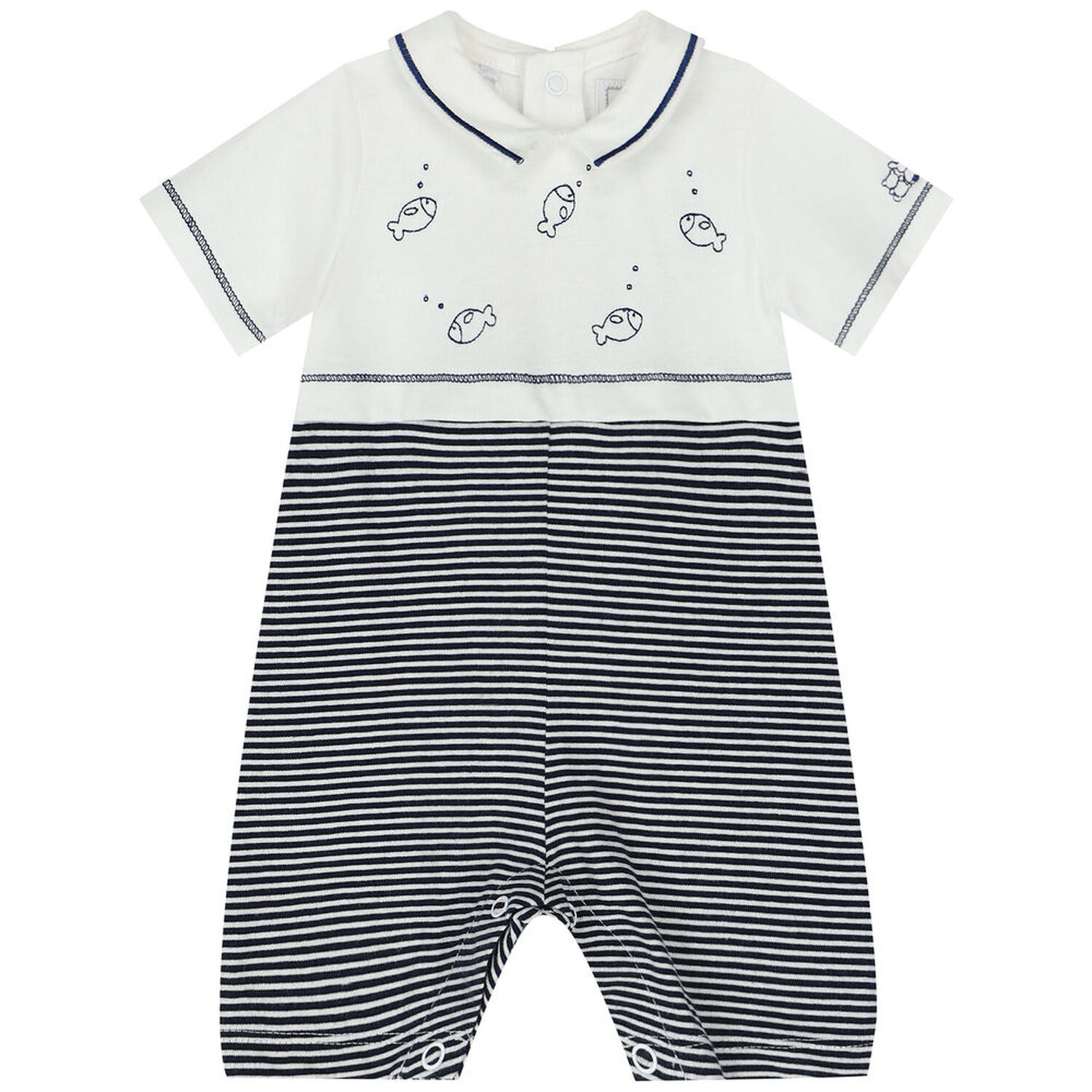 Baby Boys White & Navy Blue Striped Romper, 1, hi-res