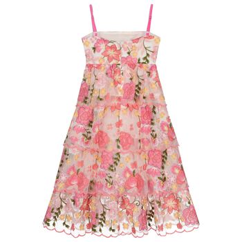 Girls Pink Floral Embroidered Tiered Dress