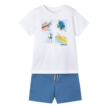Boys White & Blue Surfing Board Shorts Set