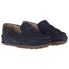 Younger Boys Navy Blue Suede Leather Moccasins, 2, hi-res