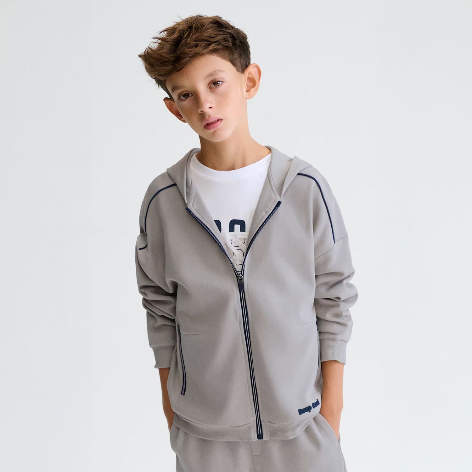 Boys Grey Hooded Zip Up Top , 2, hi-res