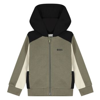 Younger Boys Green, Ivory & Black Hooded Zip Up Top