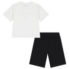 Boys White & Black Teddy Bear Logo Shorts Set, 1, hi-res