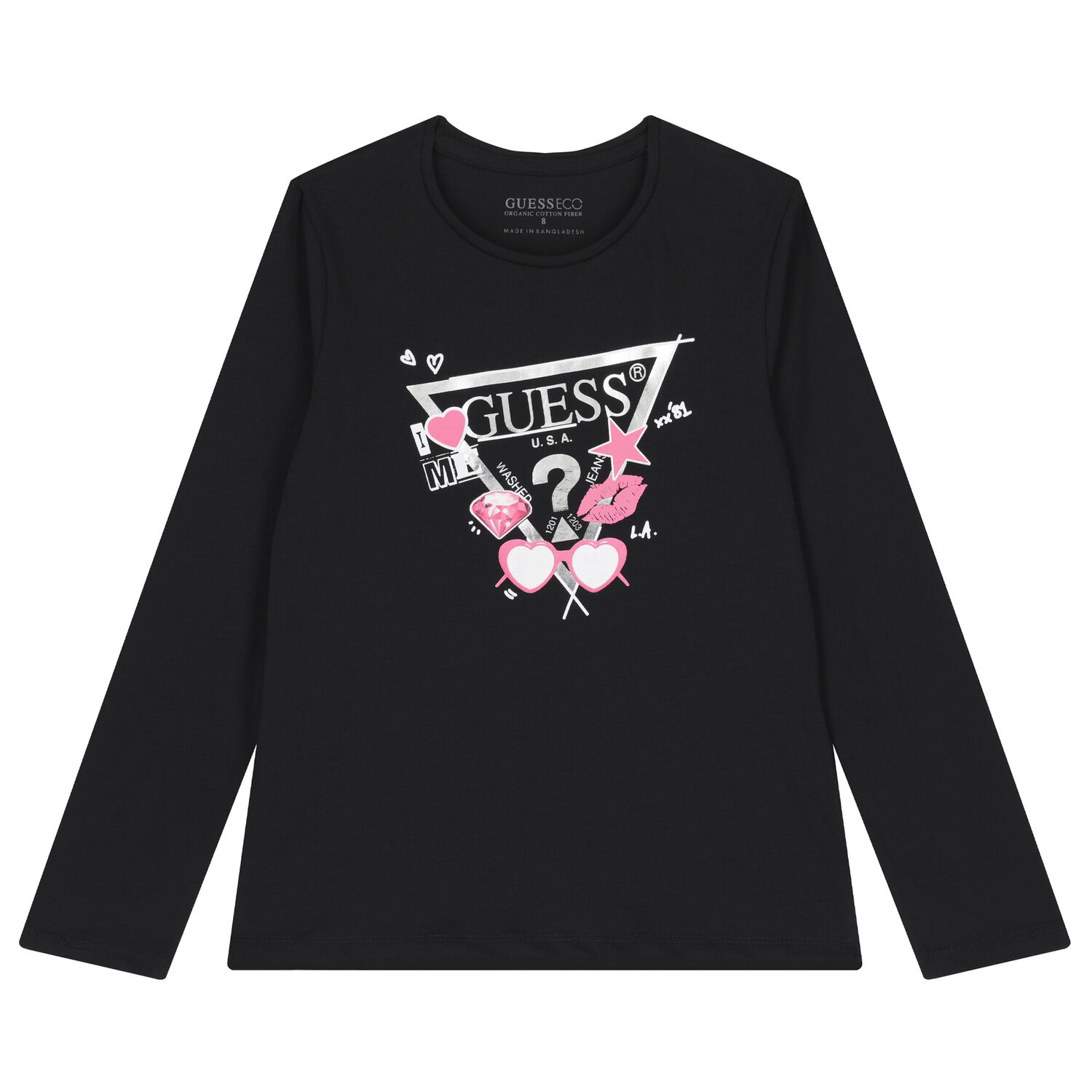 Girls Black Logo Long Sleeve Top, 2, hi-res