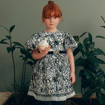 Girls Ivory & Black Ribbon Floral Tulle Dress