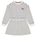 Girls Ivory & Navy Blue Striped Logo Dress, 1, hi-res