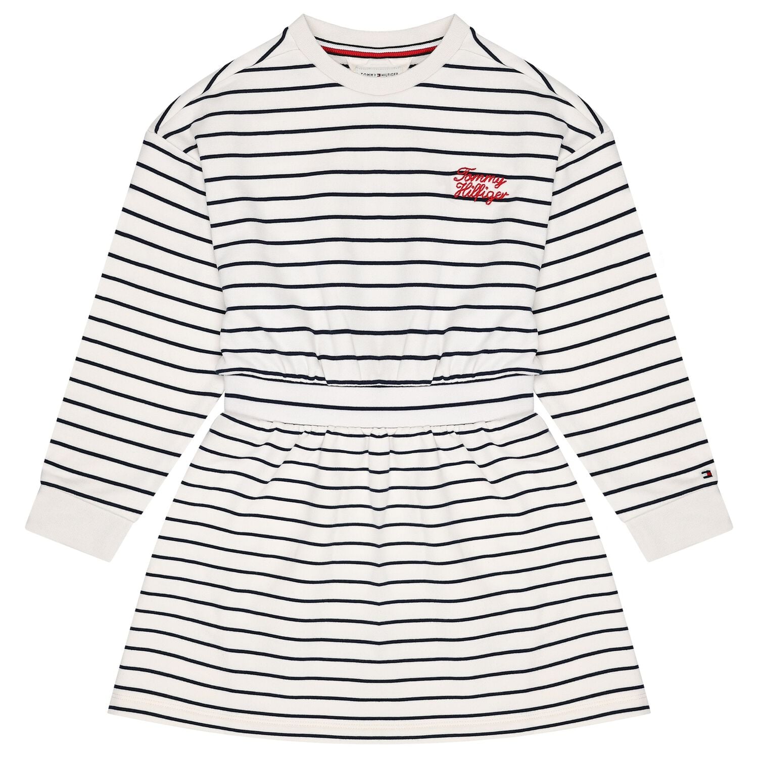 Girls Ivory & Navy Blue Striped Logo Dress, 1, hi-res