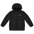 Boys Black Logo Puffer Jacket, 1, hi-res