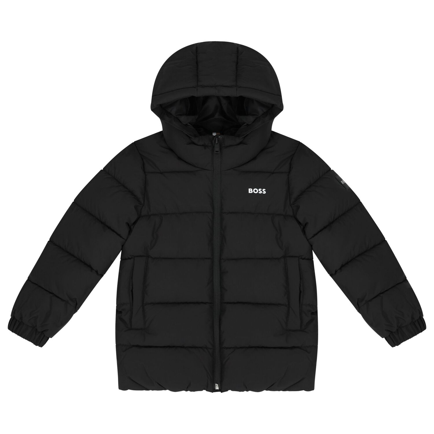 Boys Black Logo Puffer Jacket, 1, hi-res