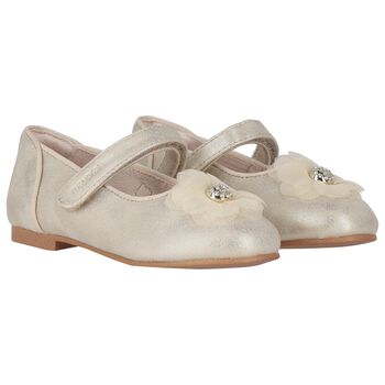 Girls Gold Diamante Flower Shoes