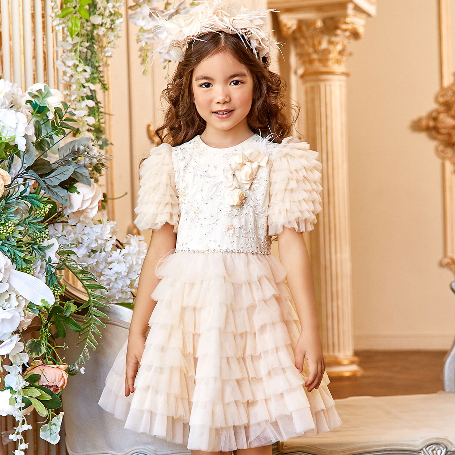 Girls Ivory & White Floral Tulle Dress, 1, hi-res image number null