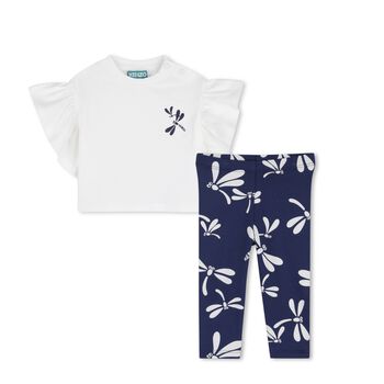 Younger Girls White & Navy Blue Dragonflies Leggings Set