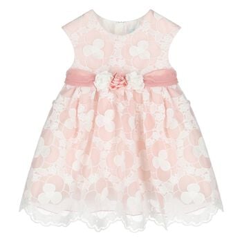 Younger Girls White & Pink Embroidered Organza Dress