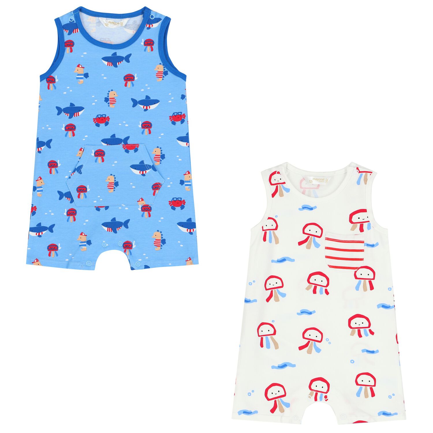 Baby Boys Blue & White Rompers ( 2-Pack ), 1, hi-res