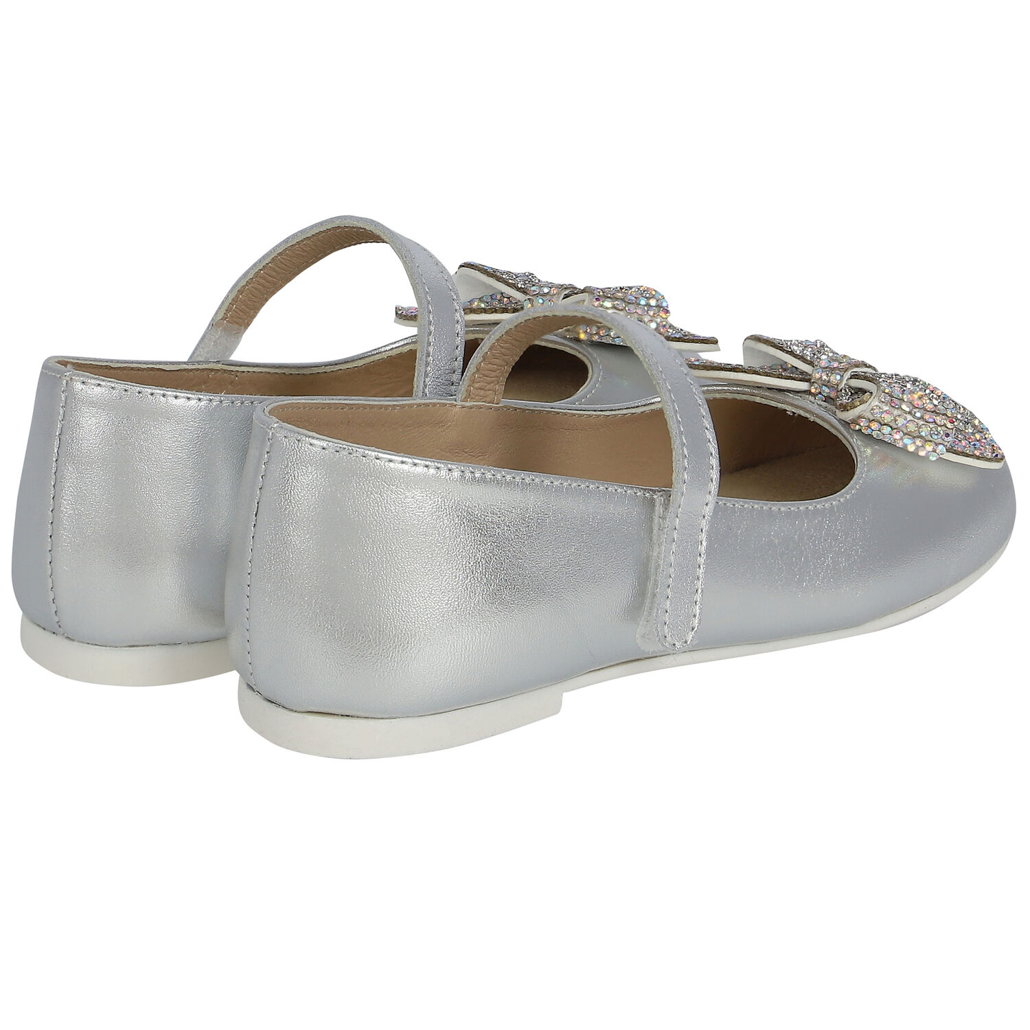Girls Silver Diamante Bow Shoes, 1, hi-res image number null
