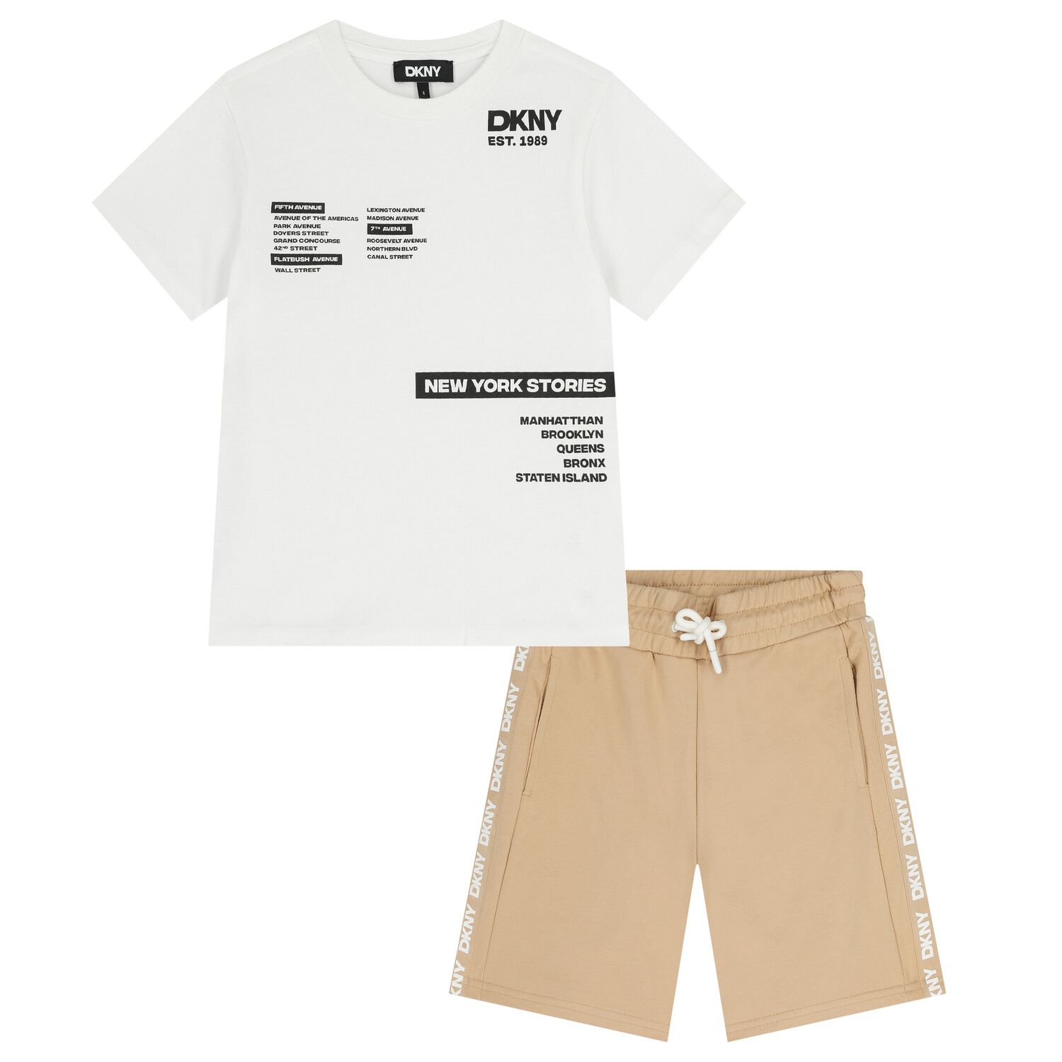 Boys White & Beige Logo Shorts Set, 1, hi-res