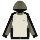 Boys Ivory, Green & Black Logo Hooded Zip Up Top, 2, hi-res