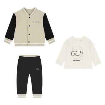 Younger Boys Beige & White Logo Tracksuit Set ( 3 Piece )