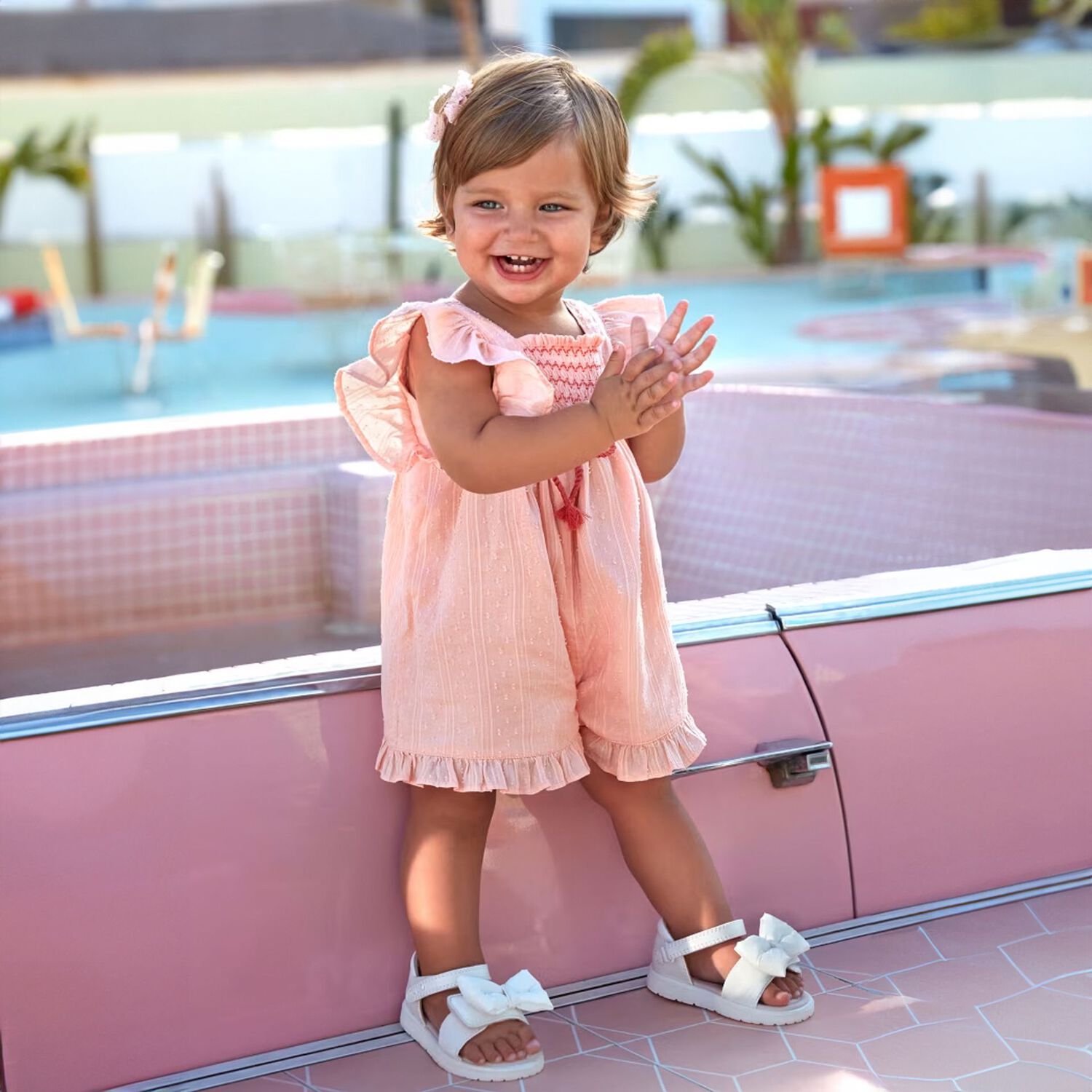 Younger Girls Pink Shirred Playsuit, 1, hi-res image number null