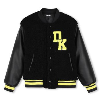 Boys Mini Me Black Faux Shearling Varsity Jacket