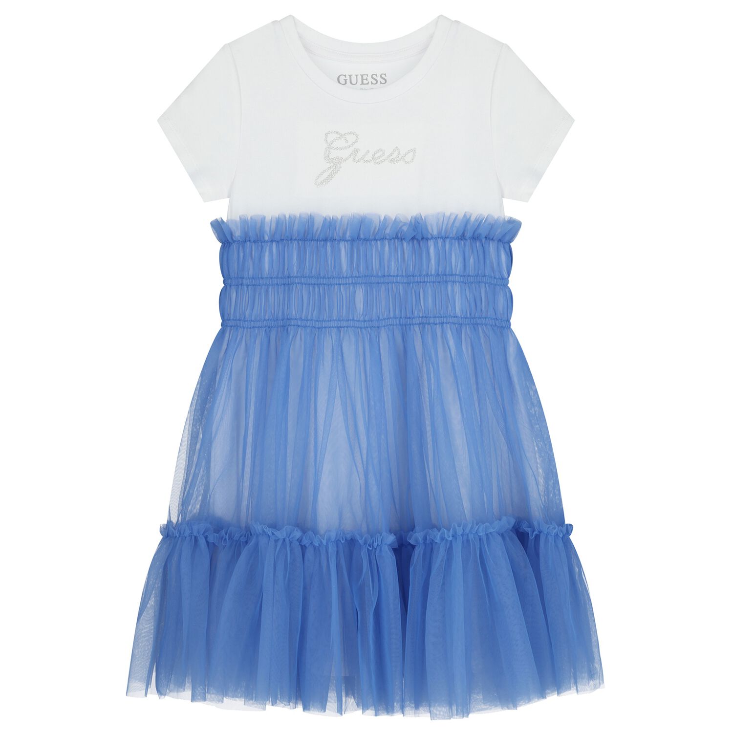 Girls White & Blue Logo Tulle Dress, 2, hi-res