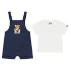 Younger White & Navy Blue Teddy Bear Logo Dungaree Set, 1, hi-res