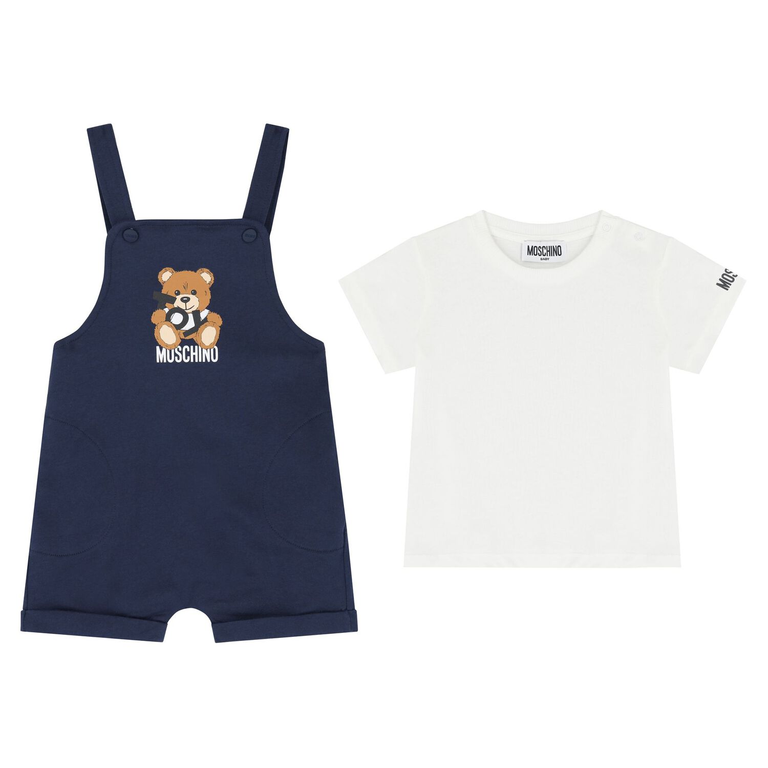 Younger White & Navy Blue Teddy Bear Logo Dungaree Set, 1, hi-res image number null