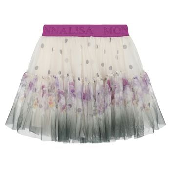 Girls Ivory & Purple Floral Logo Tulle Skirt