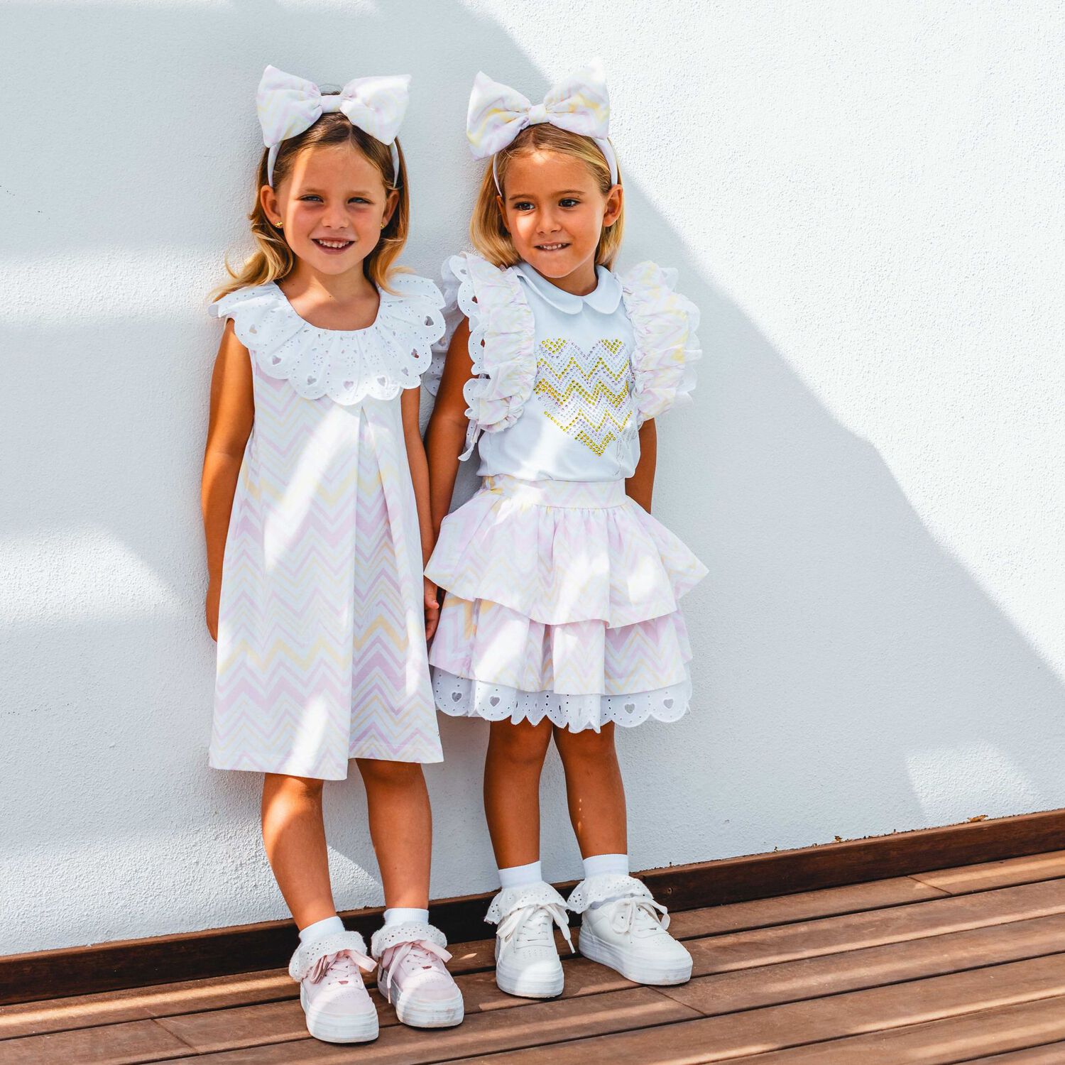 Girls White & Yellow Zig Zag Striped Dress, 1, hi-res image number null