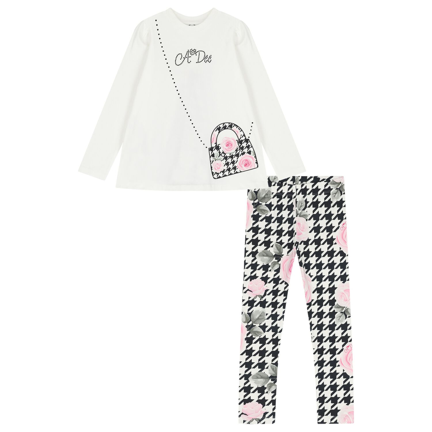 Girls Ivory & Black Houndstooth Leggings Set, 1, hi-res