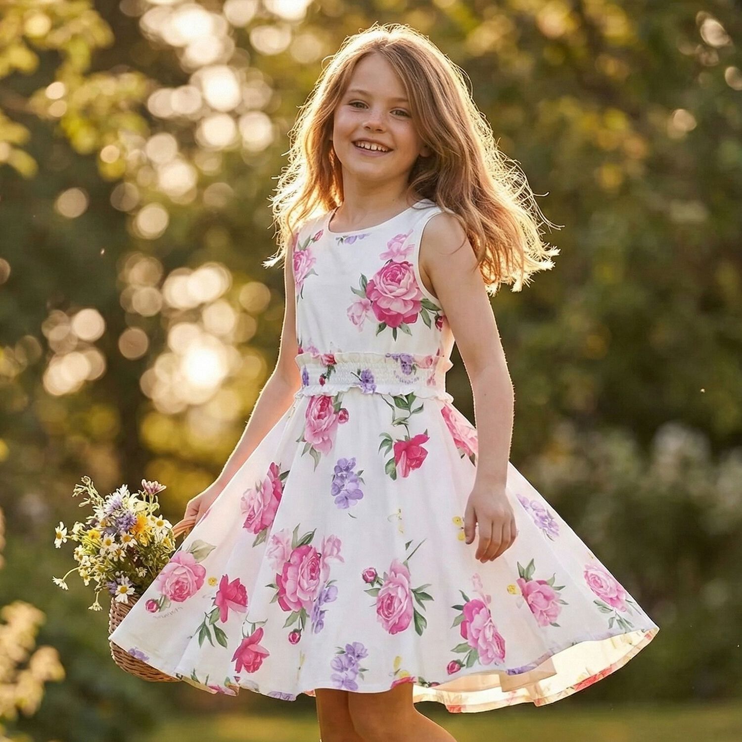Girls White Floral Dress, 3, hi-res