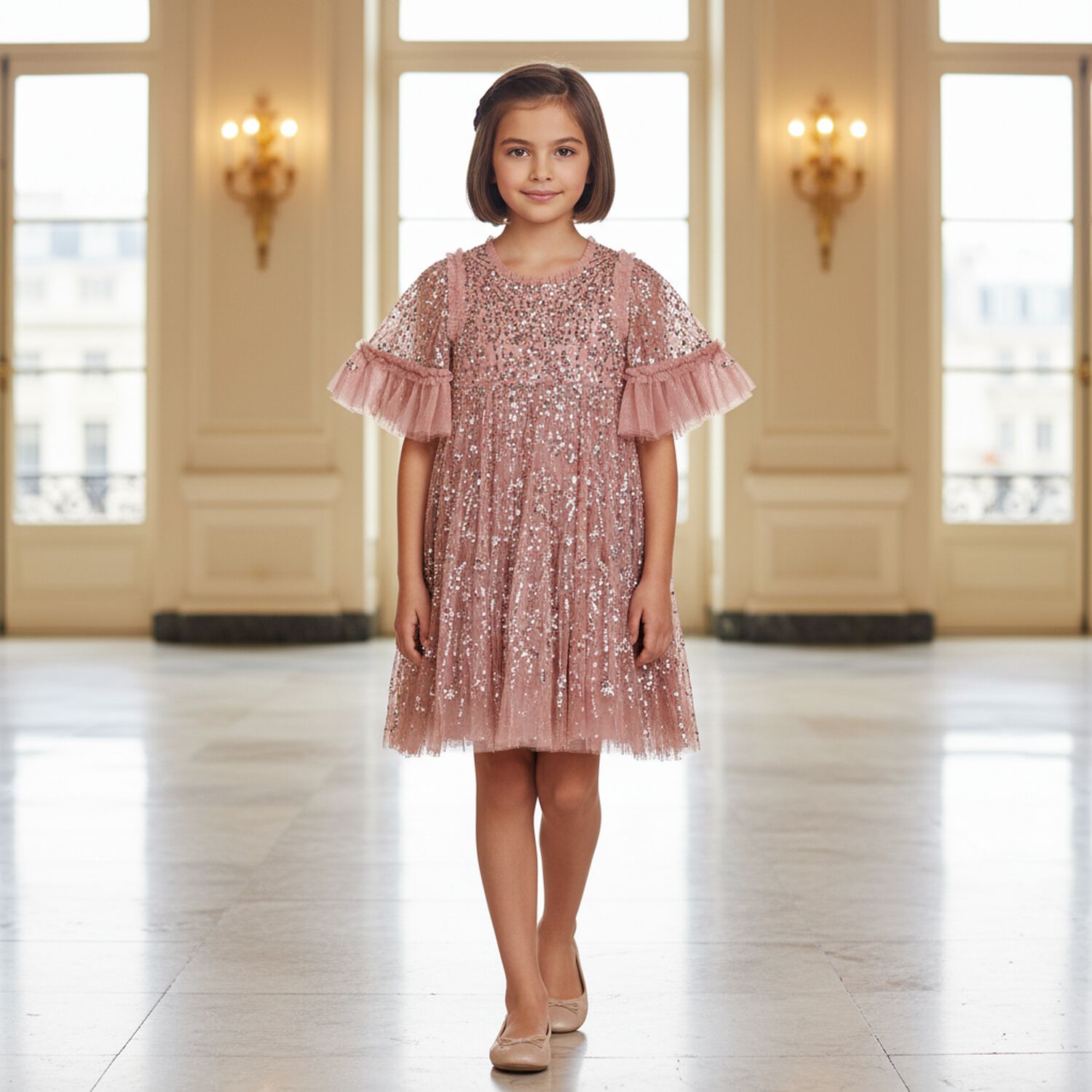 Girls Pink Sequin & Tulle Dress, 1, hi-res image number null