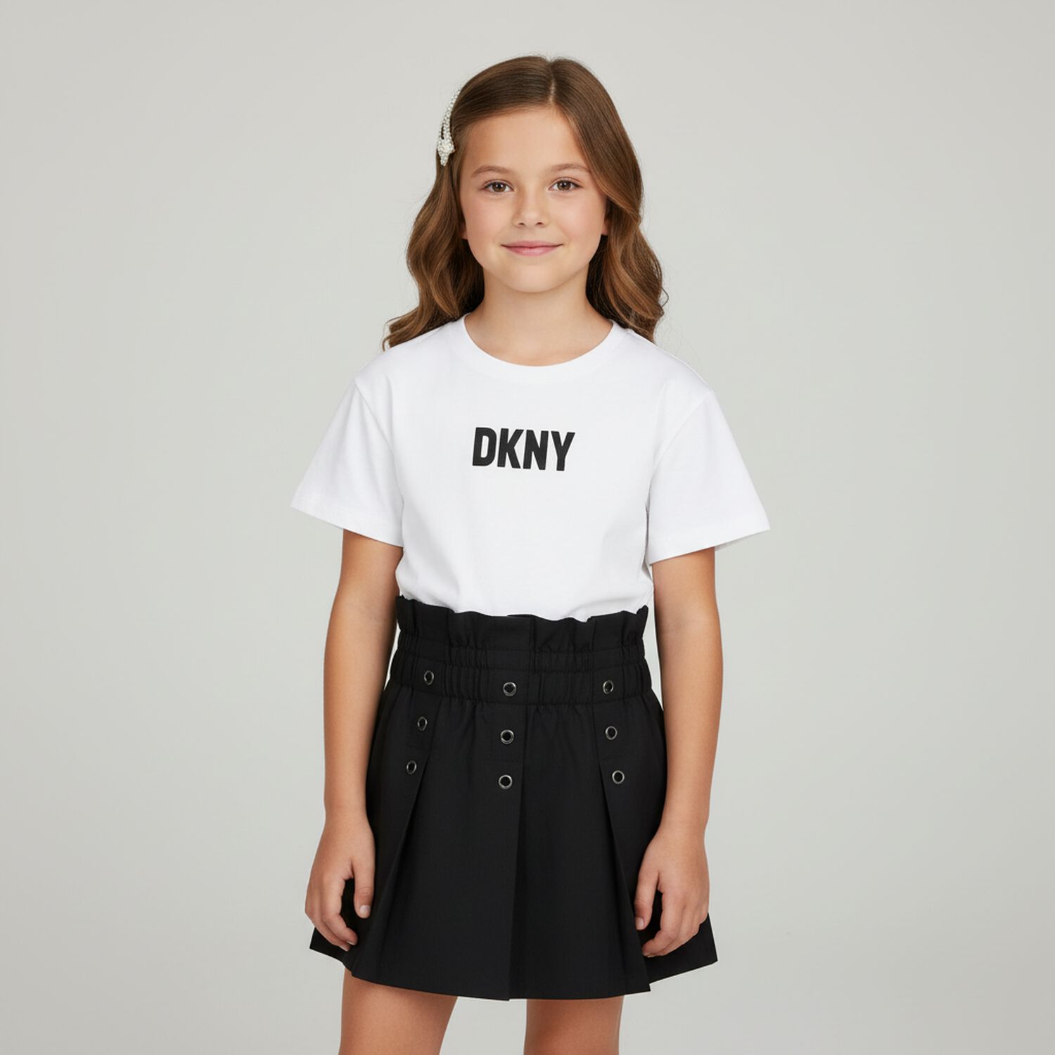 Girls White & Black Logo Dress, 1, hi-res