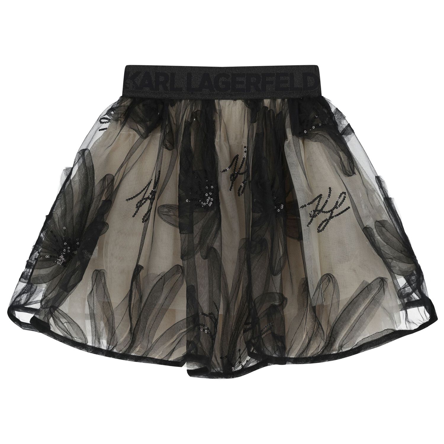 Girls Black & Beige Floral Tulle Skirt, 1, hi-res