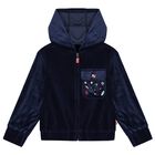 Girls Navy Blue Velvet Hooded Zip Up Top, 1, hi-res