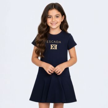 Girls Navy Blue & Gold Logo Dress