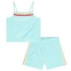 Girls Aqua Blue Crochet Shorts Set, 1, hi-res