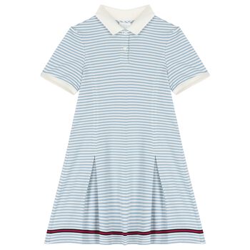 Girls Blue & Ivory Striped Logo Polo Dress